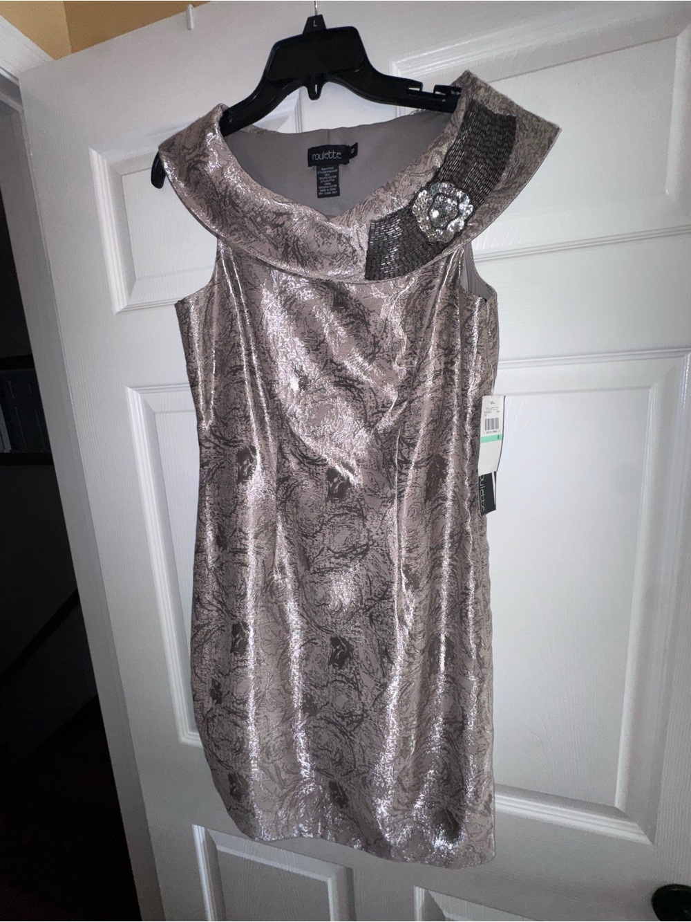 Roulette Metallic Taupe Mini Dress with Embellished Collar